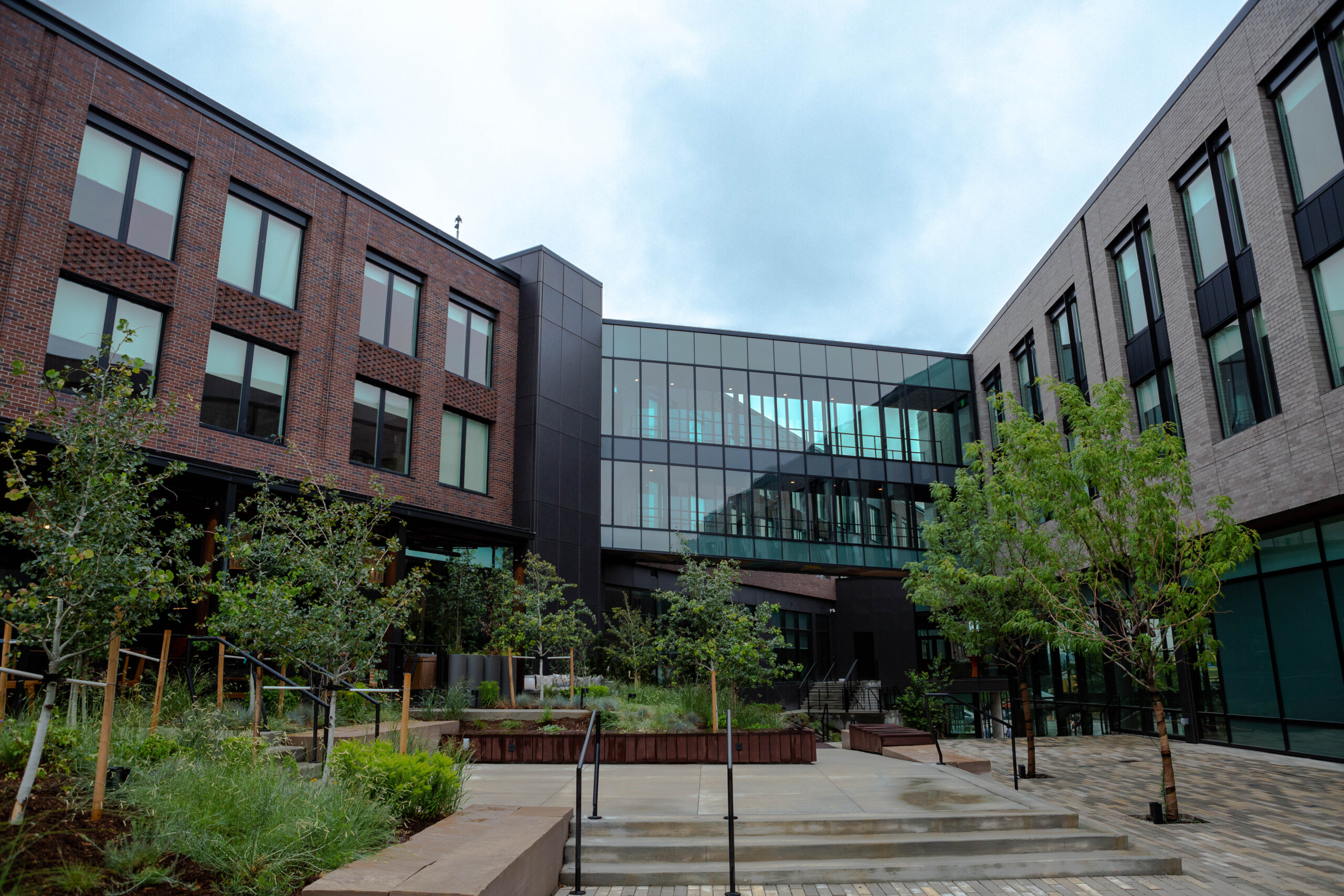 Modern courtyard with trees and plants between brick buildings