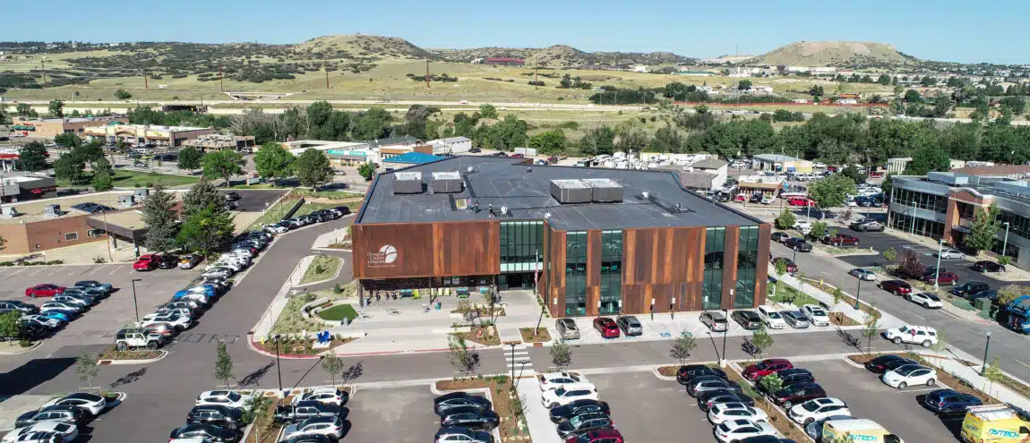 Douglas Country Library aerial view of building, parking lot, and surrounding area