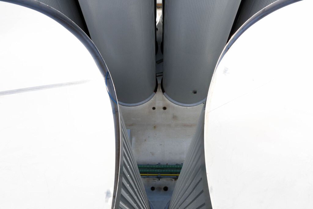 View of industrial silos from above.