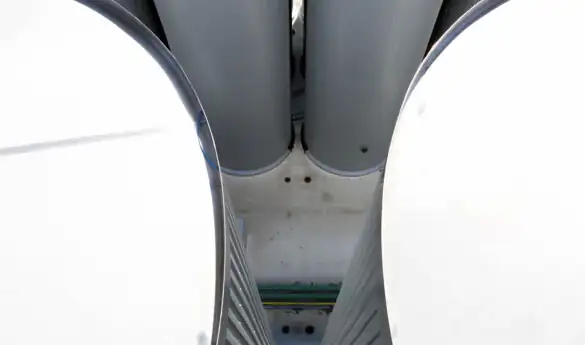 View of industrial silos from above.